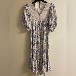 Lucky Brand Cream and Blue Floral Midi Dress Medium NWT
